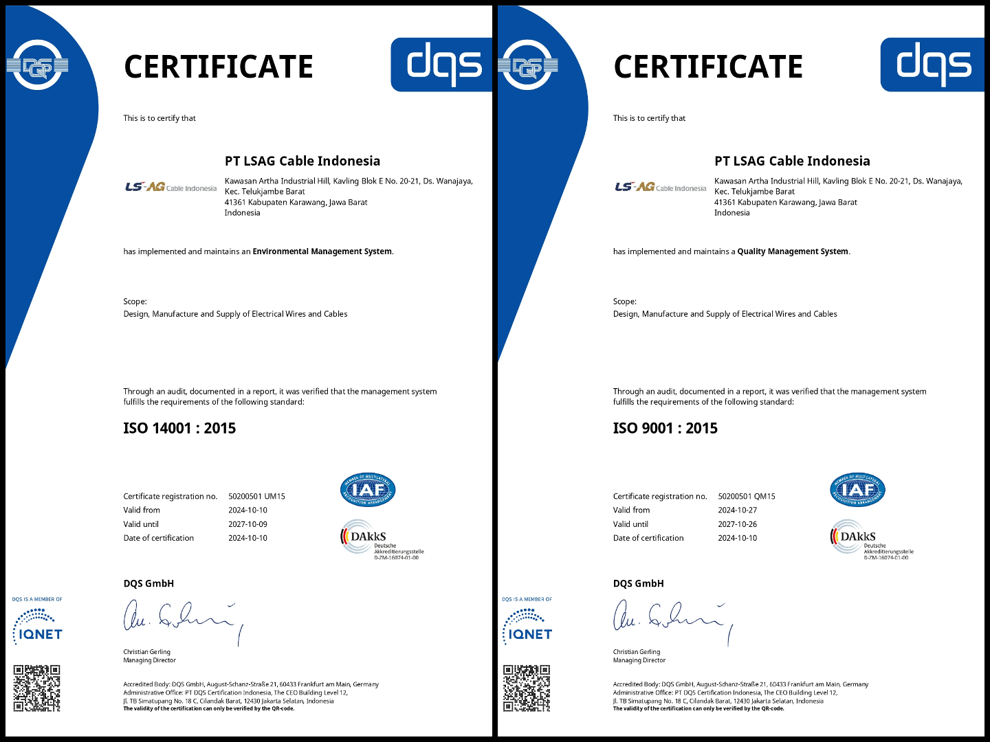 LSAG Cable Indonesia Achieves Latest ISO 9001:2015 and ISO 14001:2015 Certificate